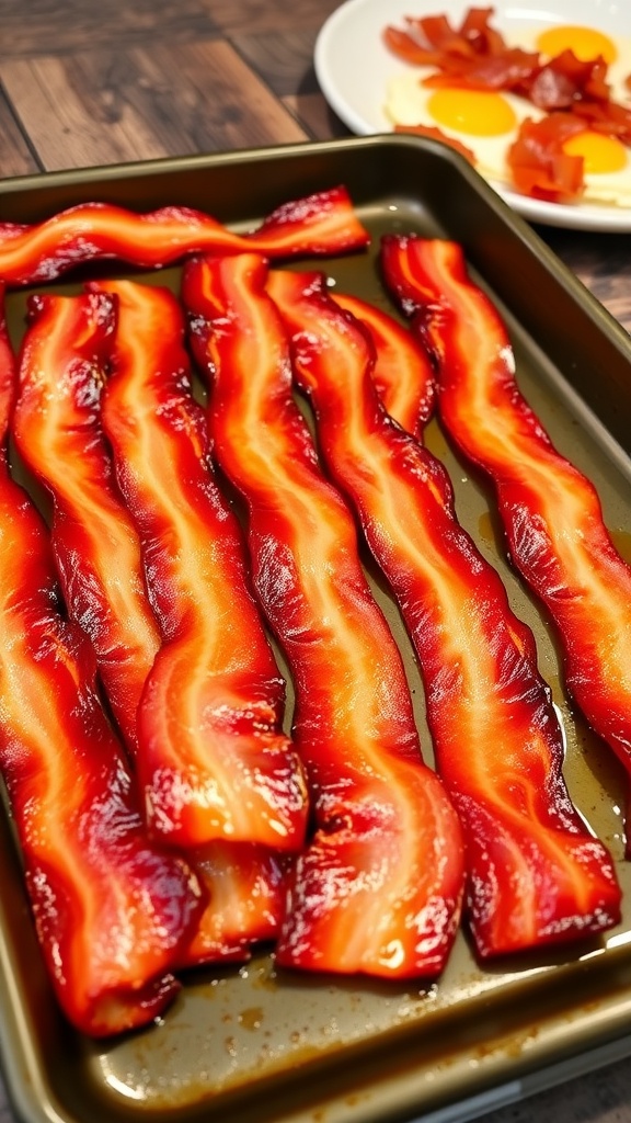 A baking sheet with crispy oven-baked bacon slices, ready to serve for breakfast.